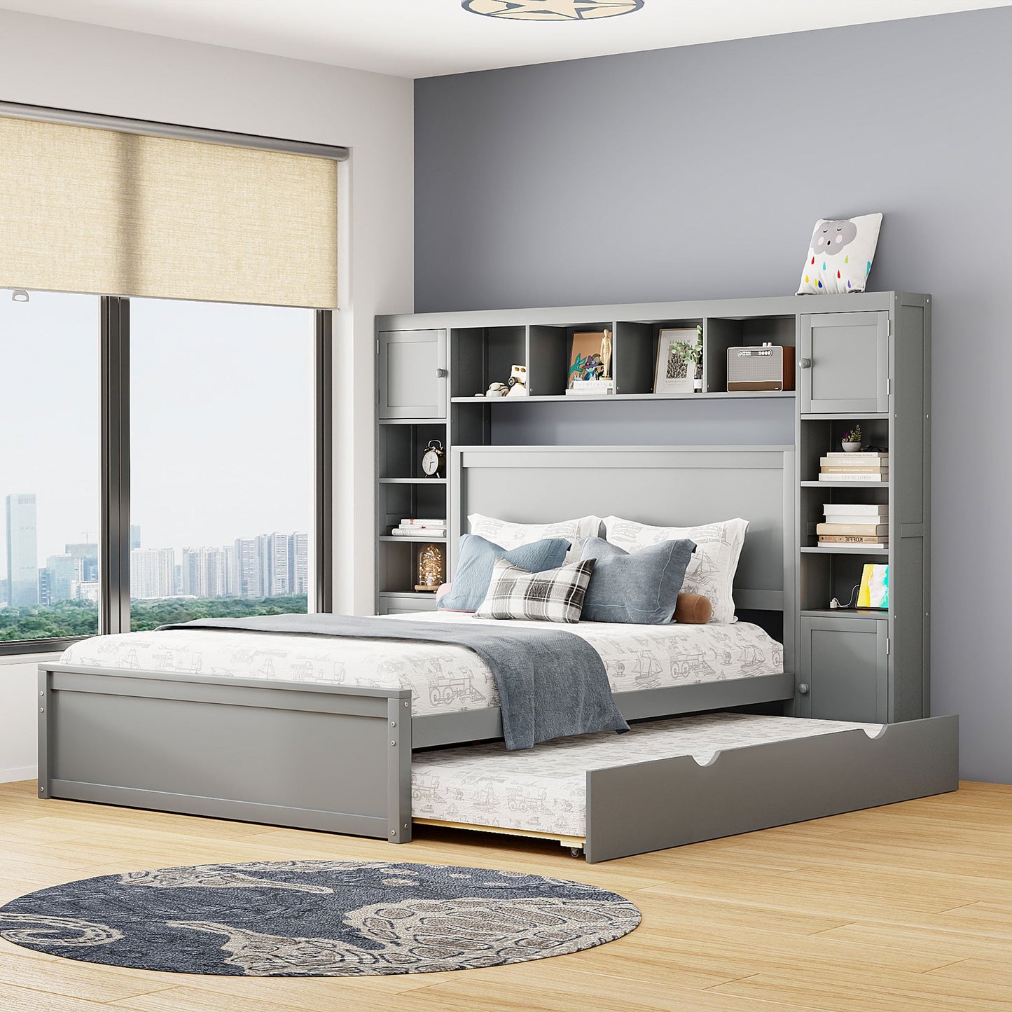 Queen Size Wooden Bed With All-in-One Cabinet, Shelf and Sockets, Twin XL Trundle