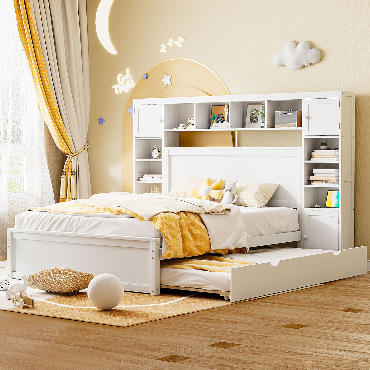 Queen Size Wooden Bed With All-in-One Cabinet, Shelf and Sockets, Twin XL Trundle