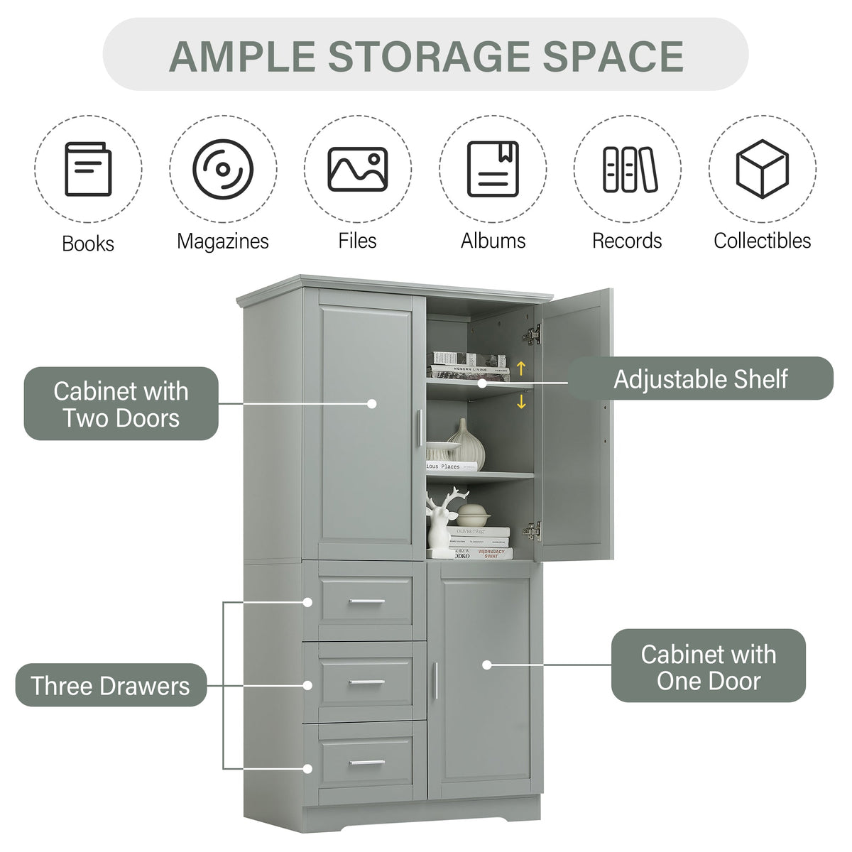 Tall and Wide Storage Cabinet with Doors for Bathroom/Office