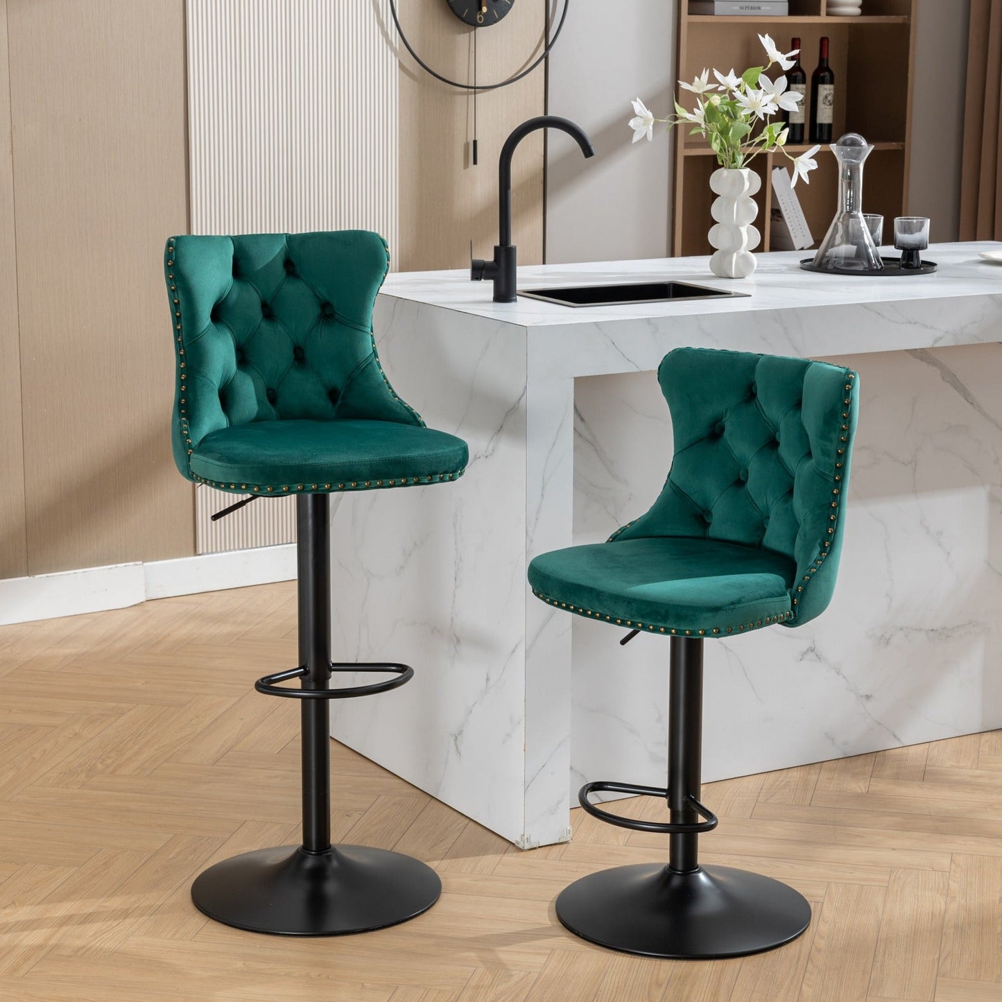 Swivel Velvet Barstools with Adjustable Seat Height