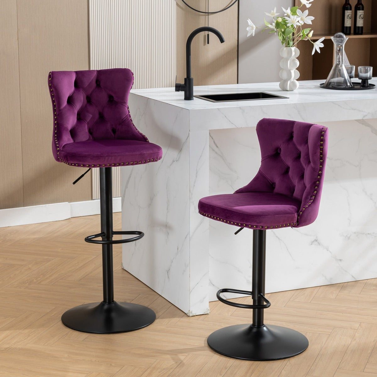 Swivel Velvet Barstools with Adjustable Seat Height