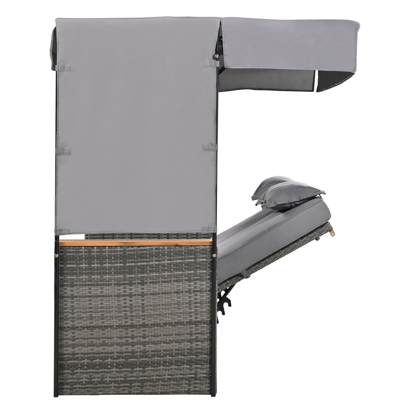 2-Piece Outdoor Rattan Daybed with Bench Lounge Roof Set and Cushions for Poolside, Backyard and Garden