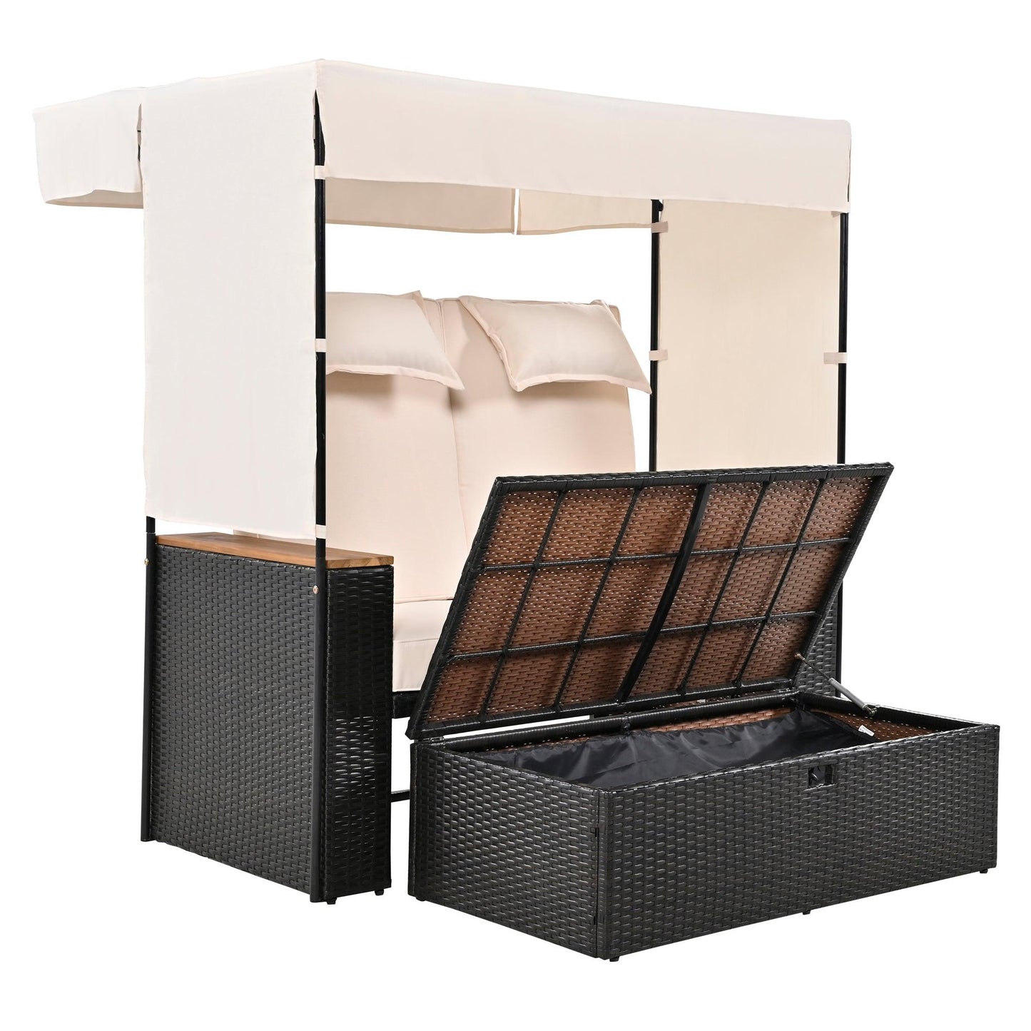 2-Piece Outdoor Rattan Daybed with Bench Lounge Roof Set and Cushions for Poolside, Backyard and Garden