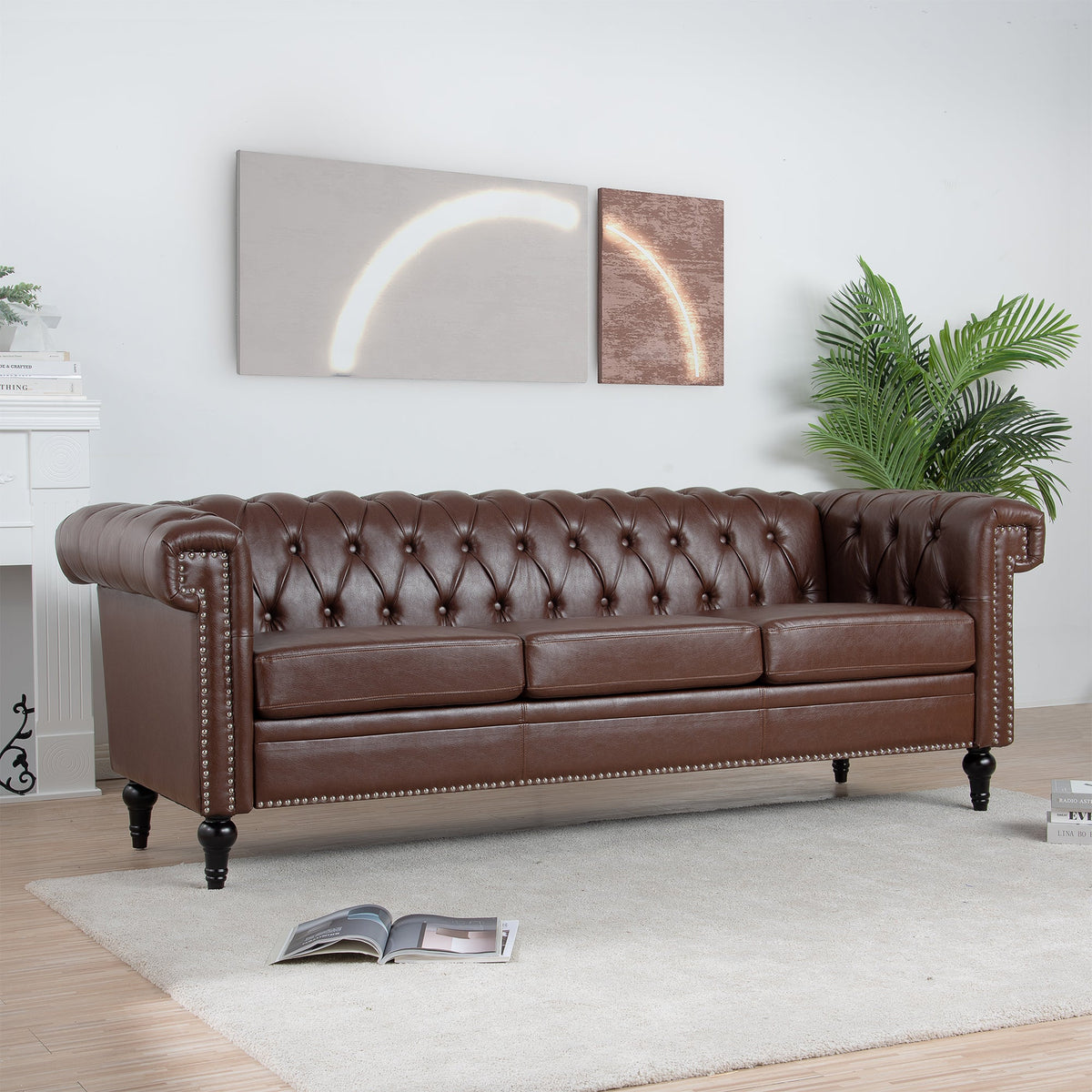 83.66 Inch Width Traditional Square Arm Removable Cushion 3-Seater Sofa