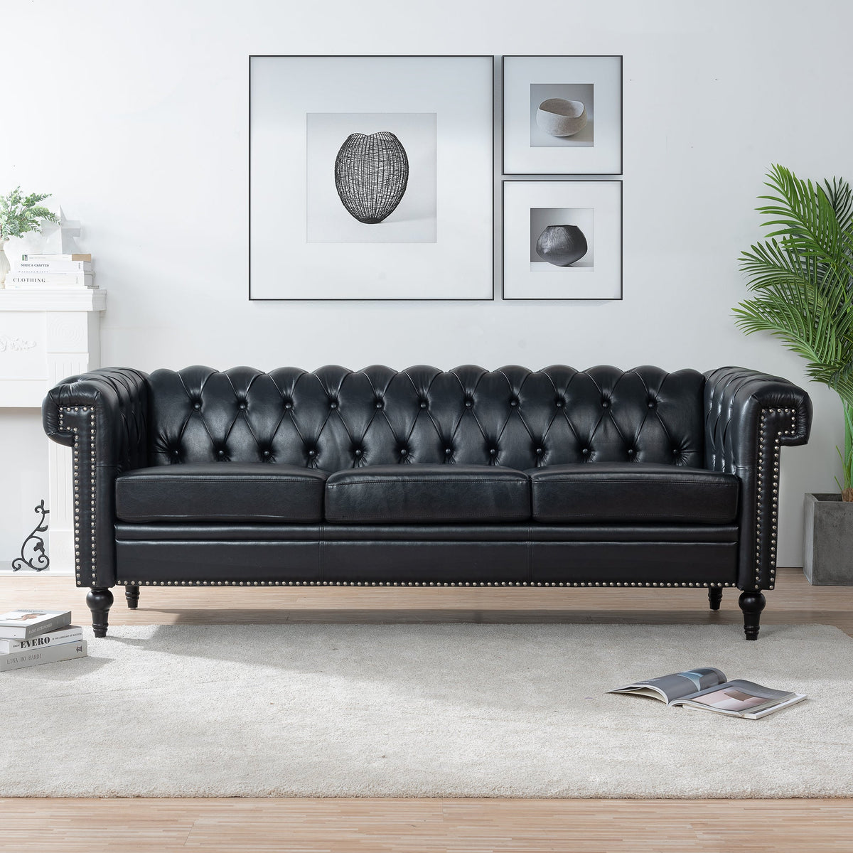 83.66 Inch Width Traditional Square Arm Removable Cushion 3-Seater Sofa