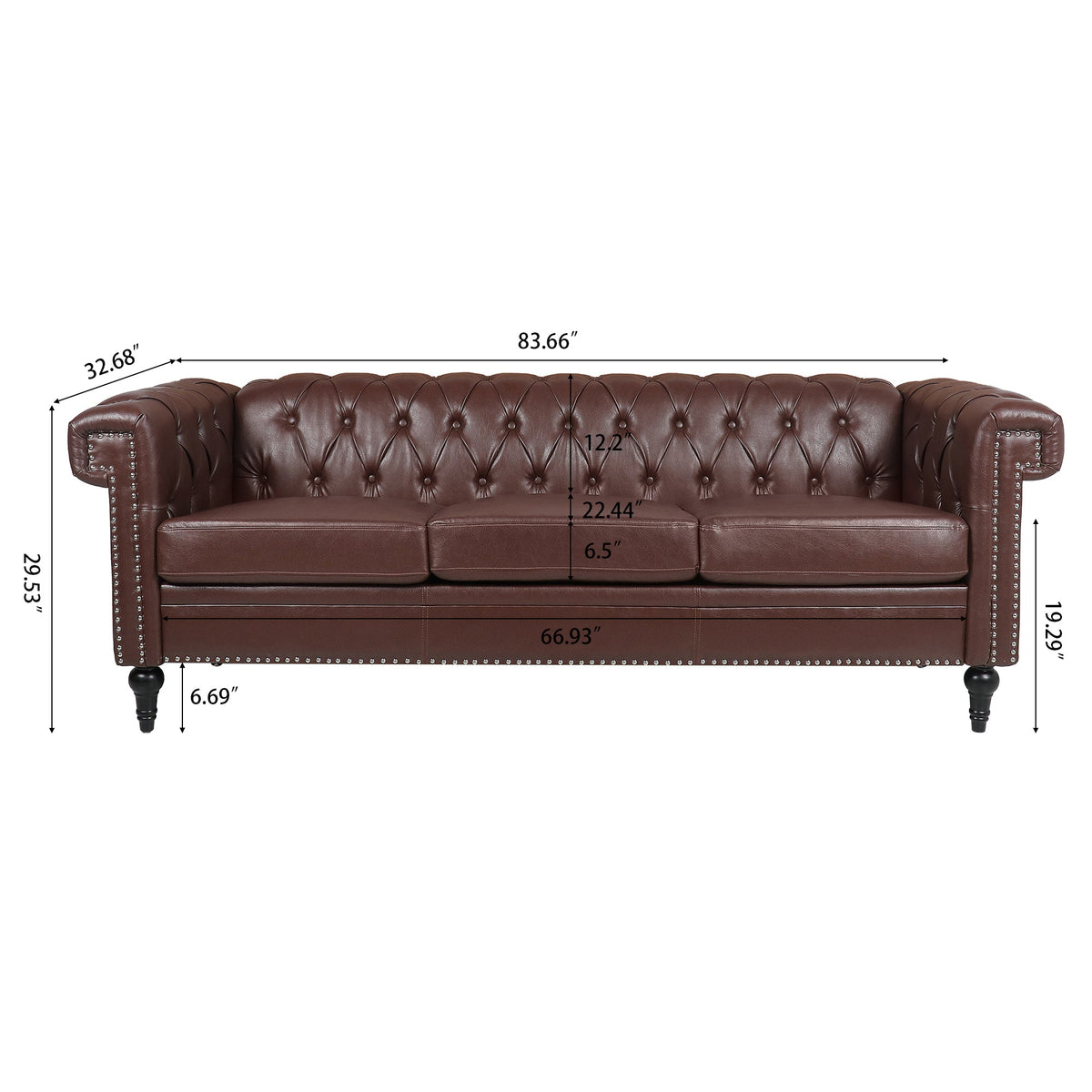 83.66 Inch Width Traditional Square Arm Removable Cushion 3-Seater Sofa