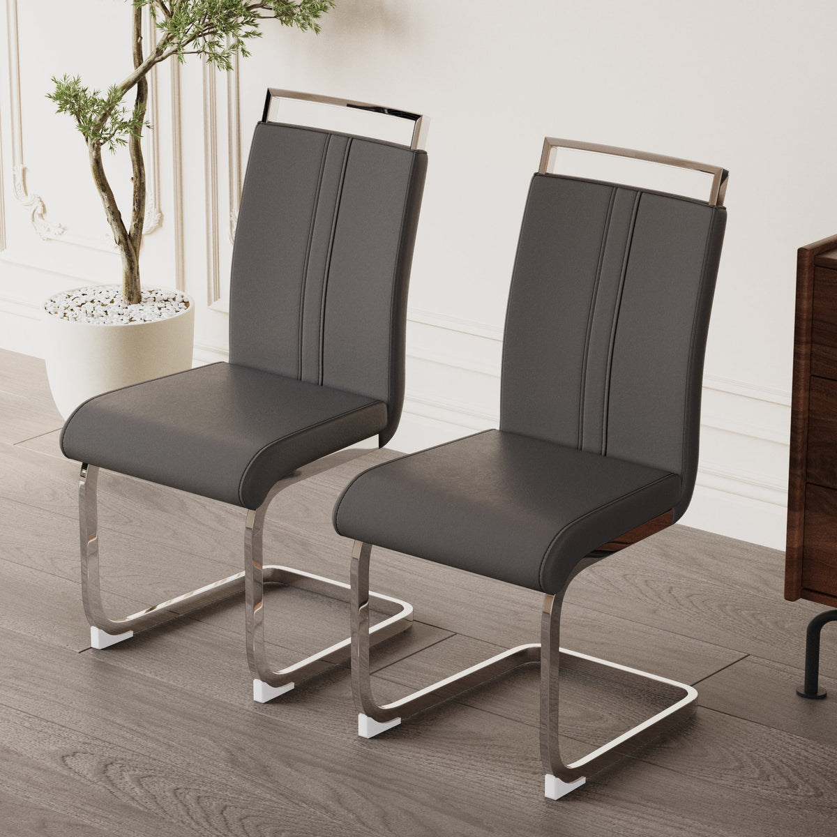 Modern PU Faux Leather High Back Dining Chairs - Set of 2