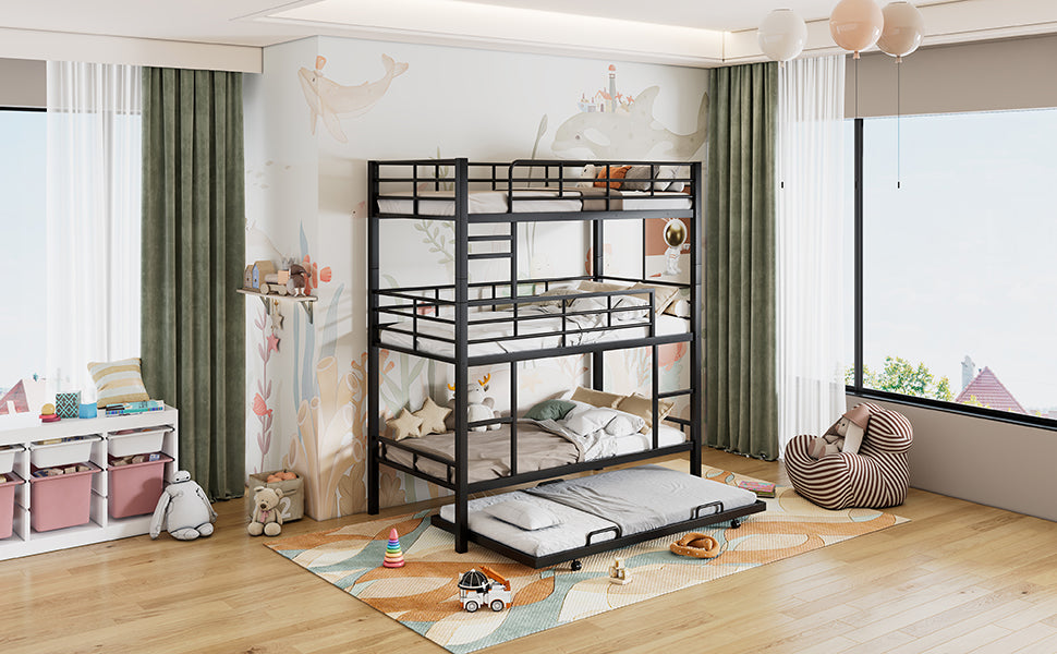 Metal Twin Size Triple Bunk Bed With Trundle
