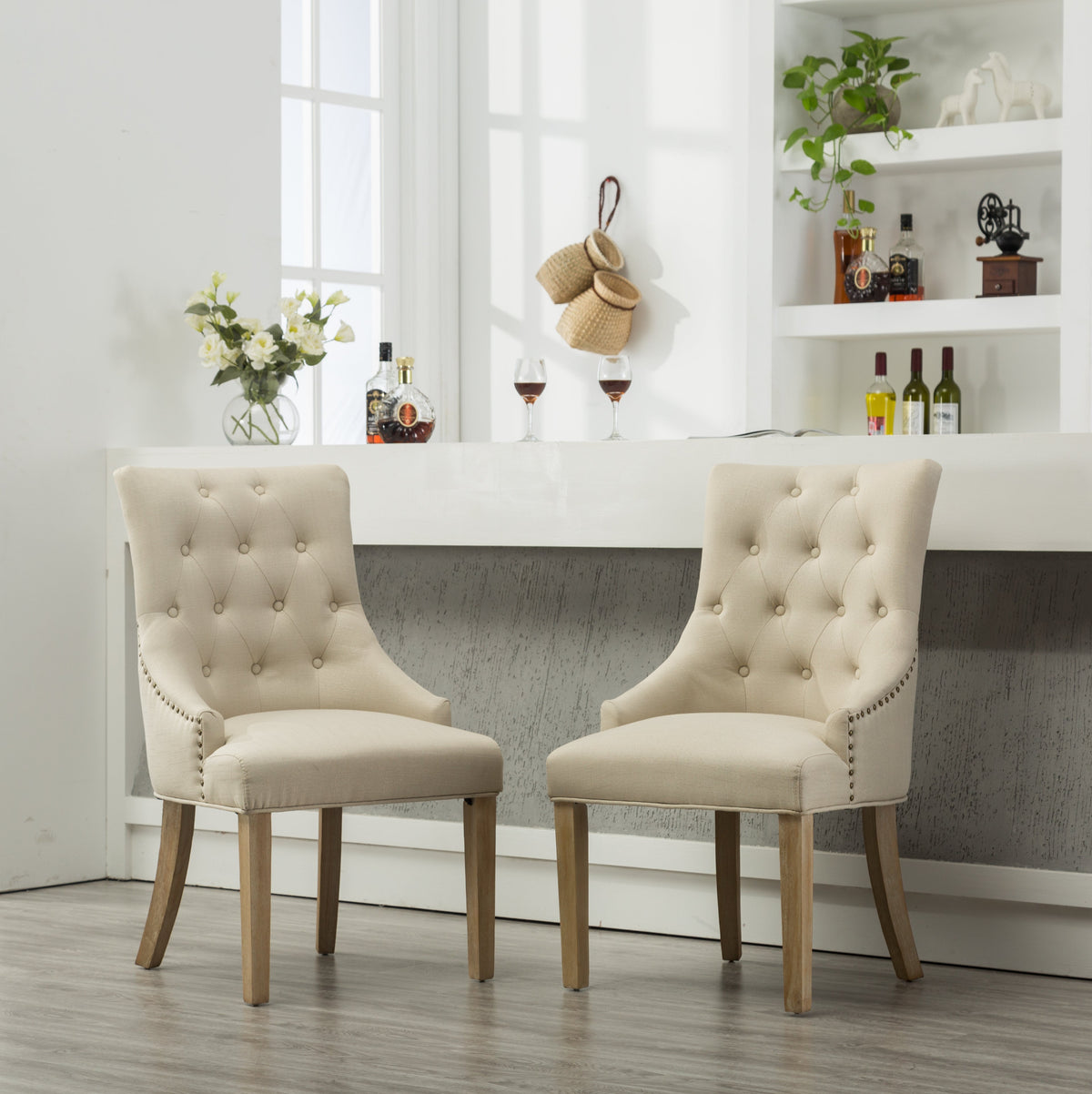 Tan Button Tufted Solid Wood Wingback Hostess Chairs with Nail Heads