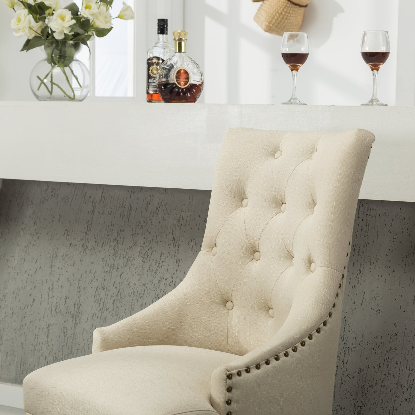 Tan Button Tufted Solid Wood Wingback Hostess Chairs with Nail Heads