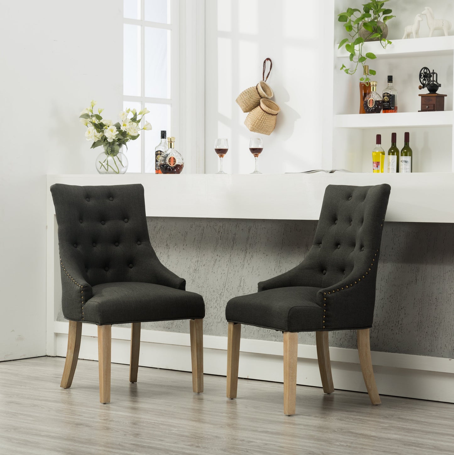 Charcoal Button Tufted Solid Wood Wingback Hostess Chairs Set of 2