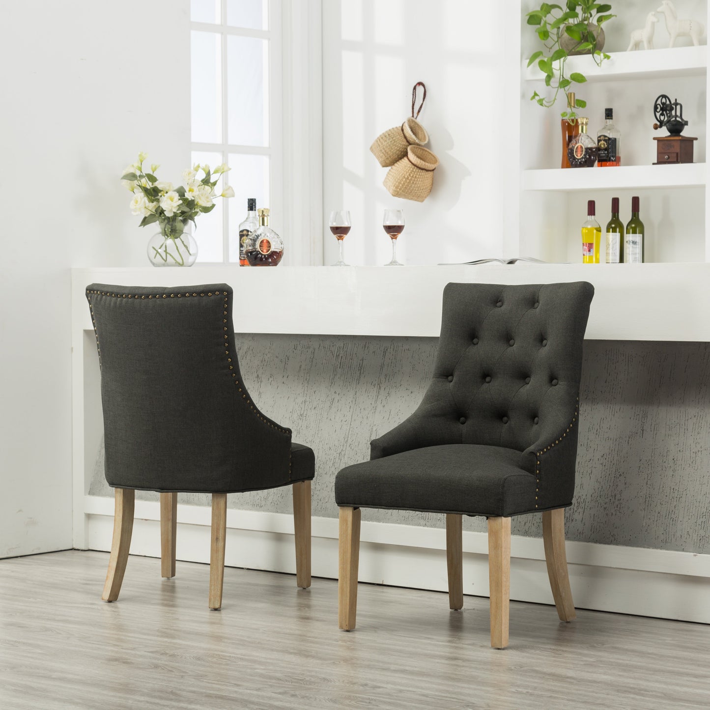 Charcoal Button Tufted Solid Wood Wingback Hostess Chairs Set of 2