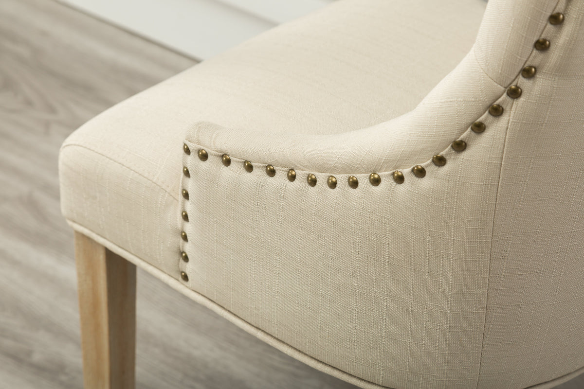 Tan Button Tufted Solid Wood Wingback Hostess Chairs with Nail Heads