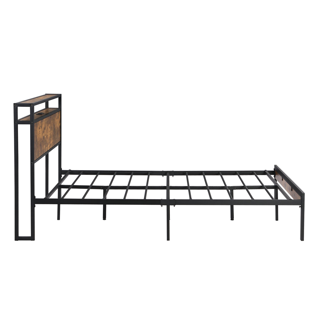 Full Size Metal Platform Bed Frame with Wooden Headboard
