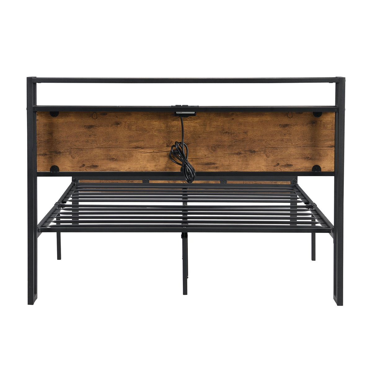 Full Size Metal Platform Bed Frame with Wooden Headboard