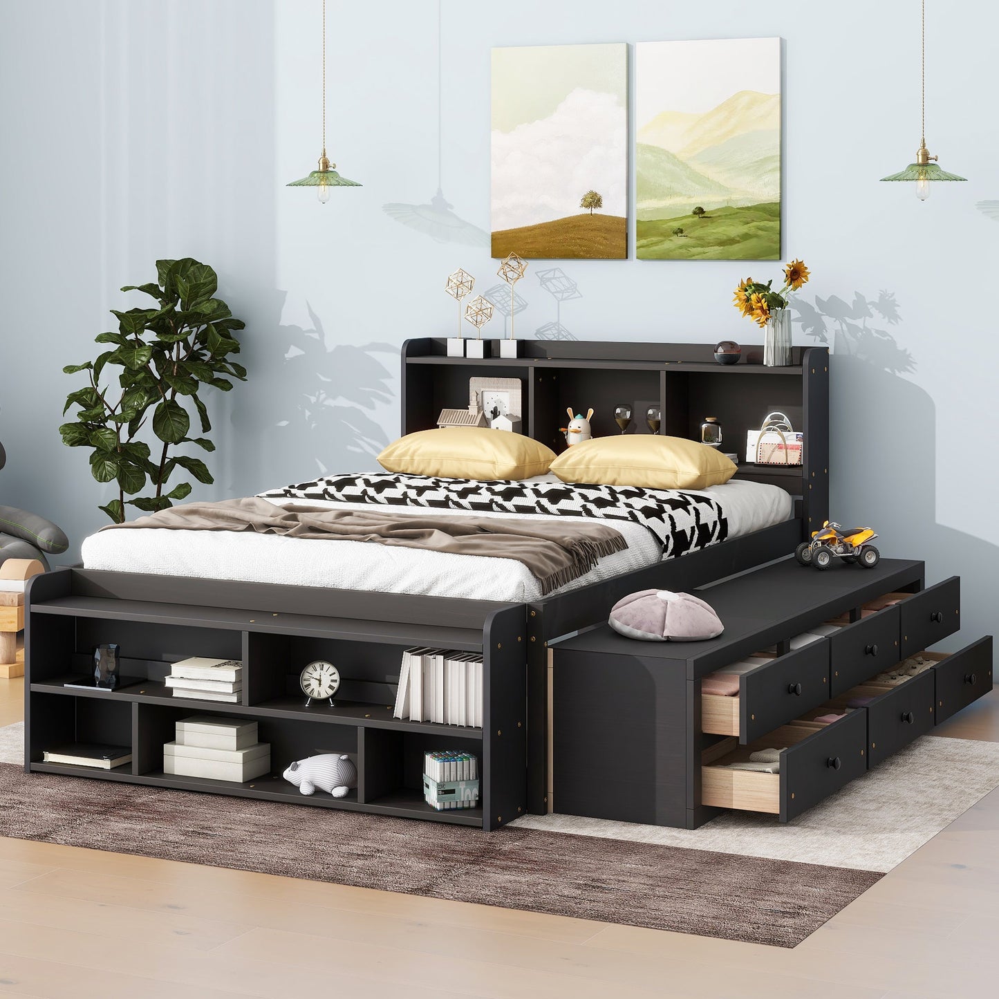 Full Bed with Bookcase Headboard and Storage Solutions