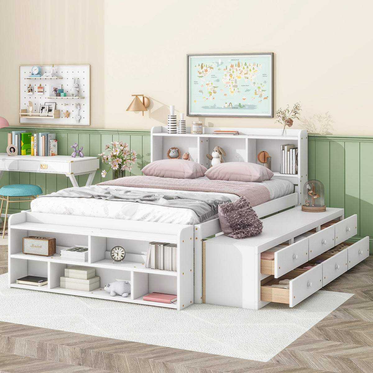 Full Bed with Bookcase Headboard and Storage Solutions