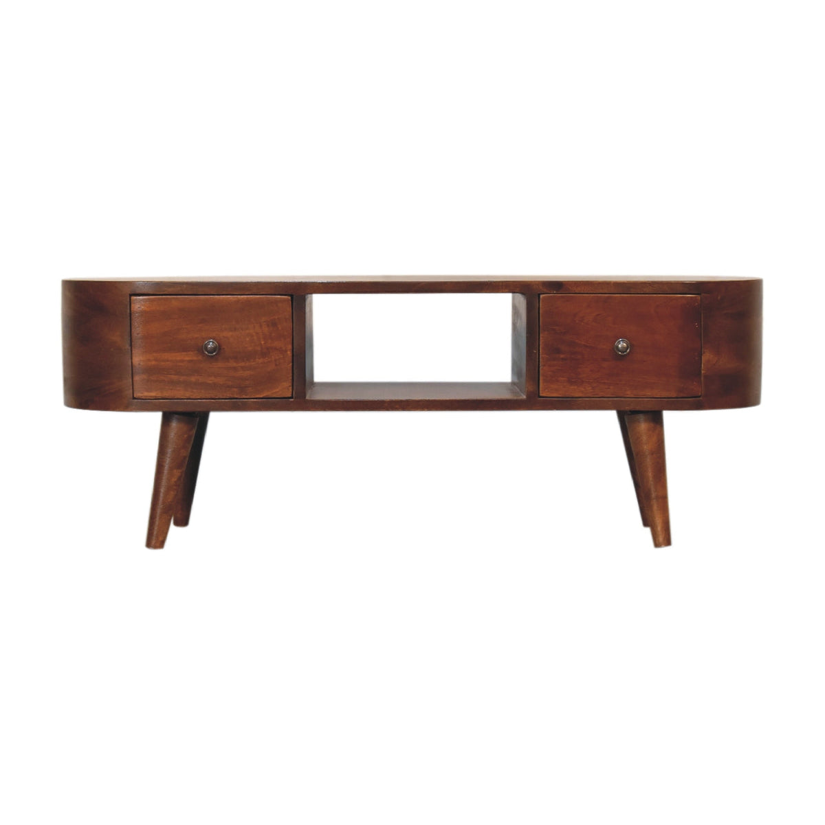 Chestnut Round Open Media Unit, 2-Drawers, 1 Open Slot
