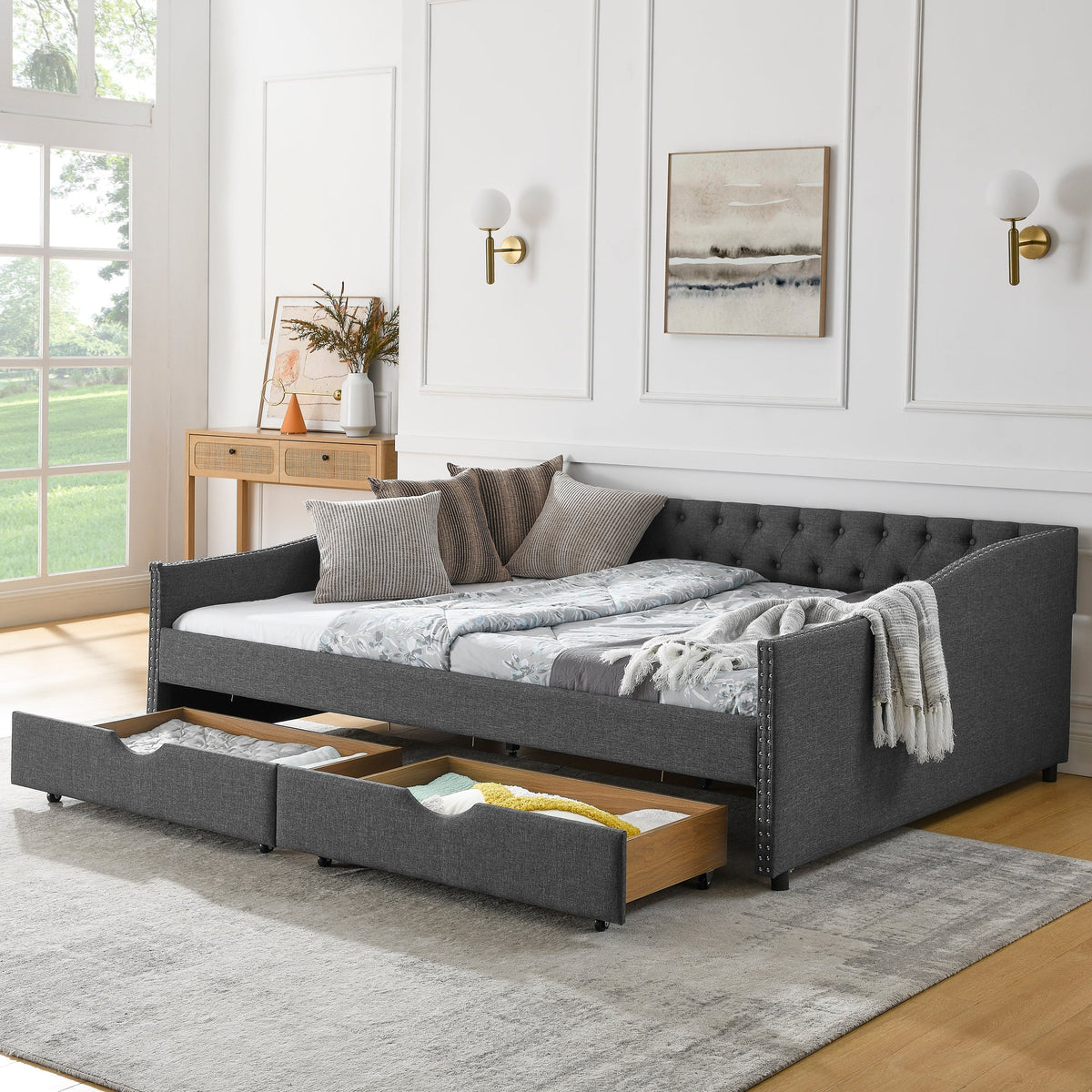 Queen Size Upholstered Daybed with Drawers