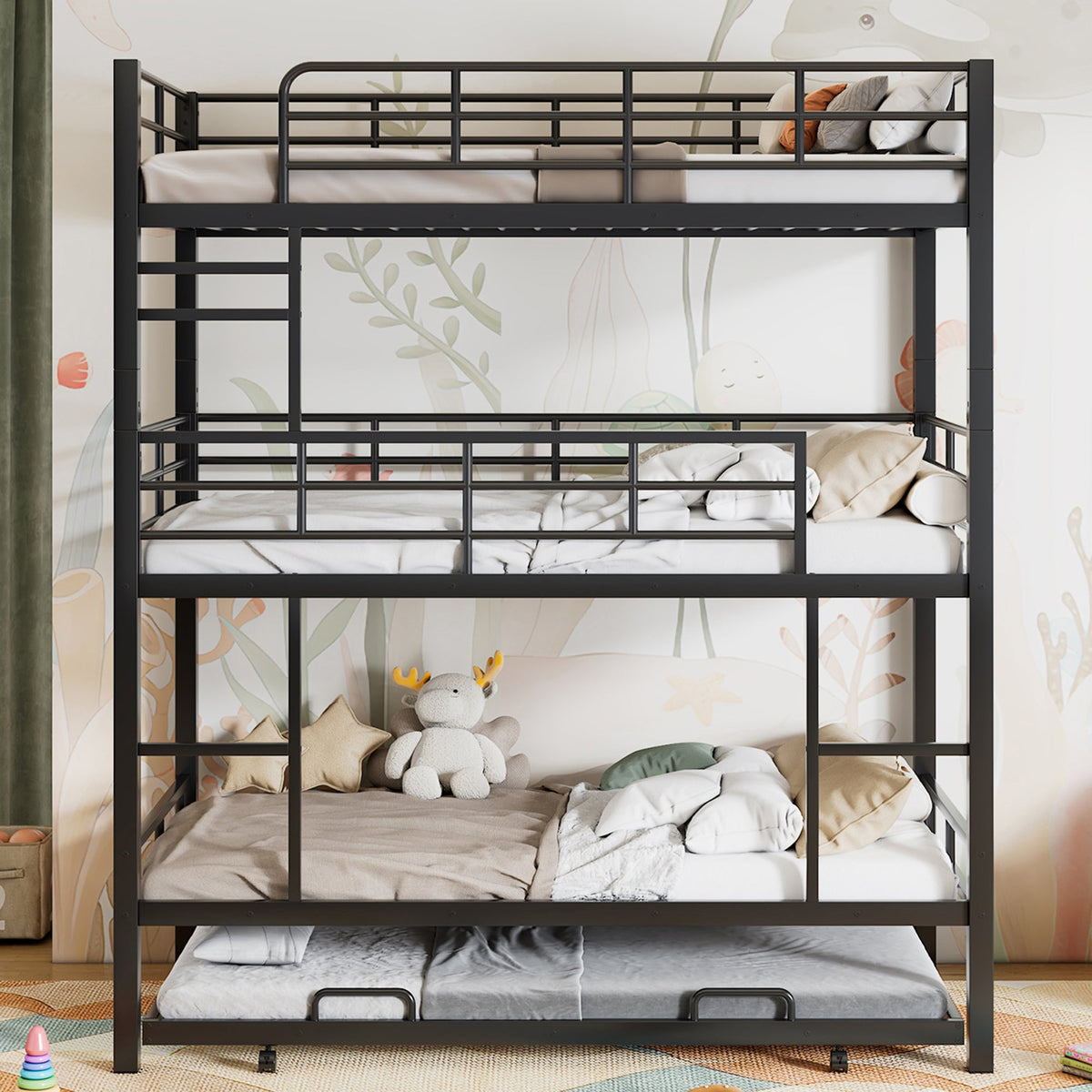 Metal Twin Size Triple Bunk Bed With Trundle