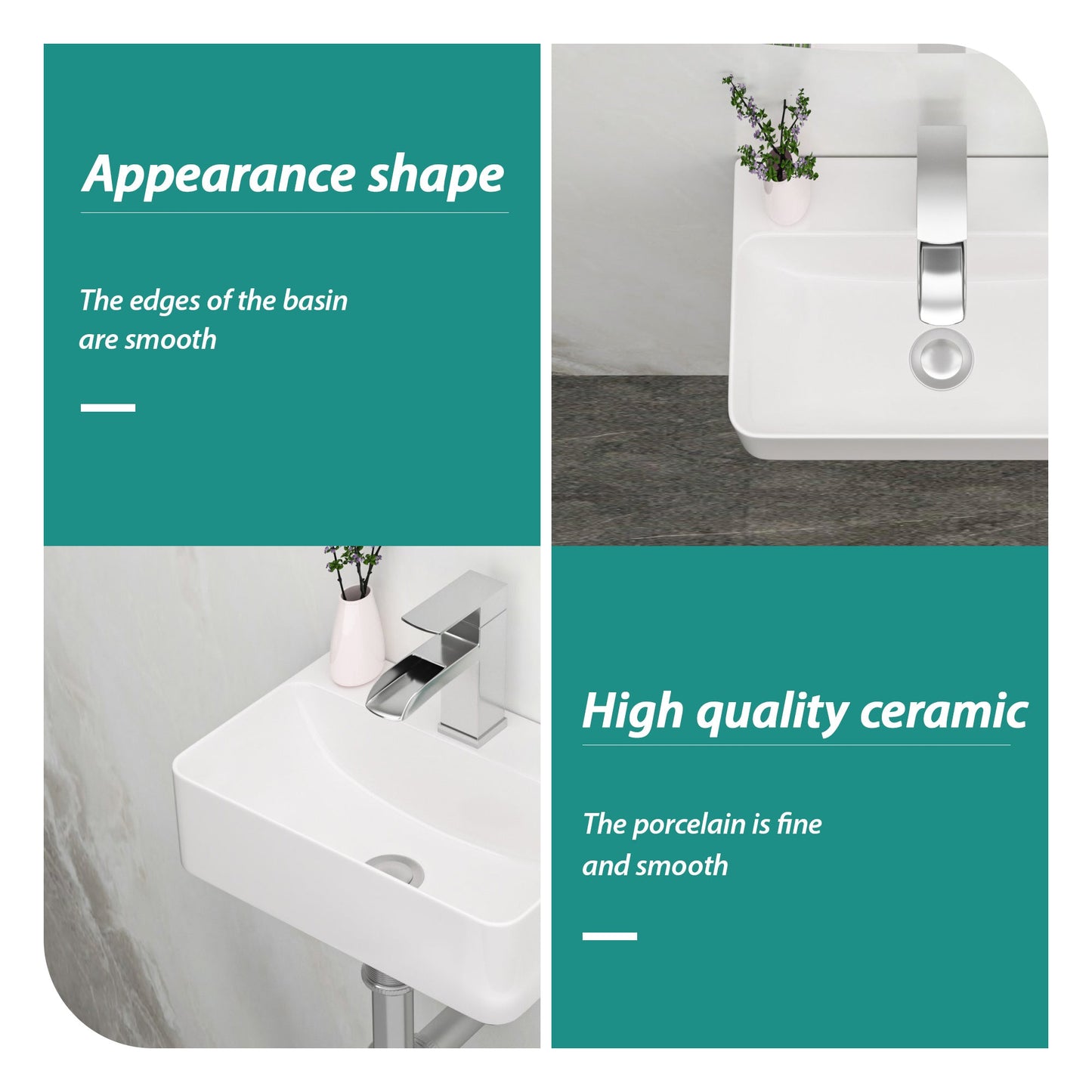 Stain Resistant Rectangular Bathroom Sink - 14.5x10 Inch
