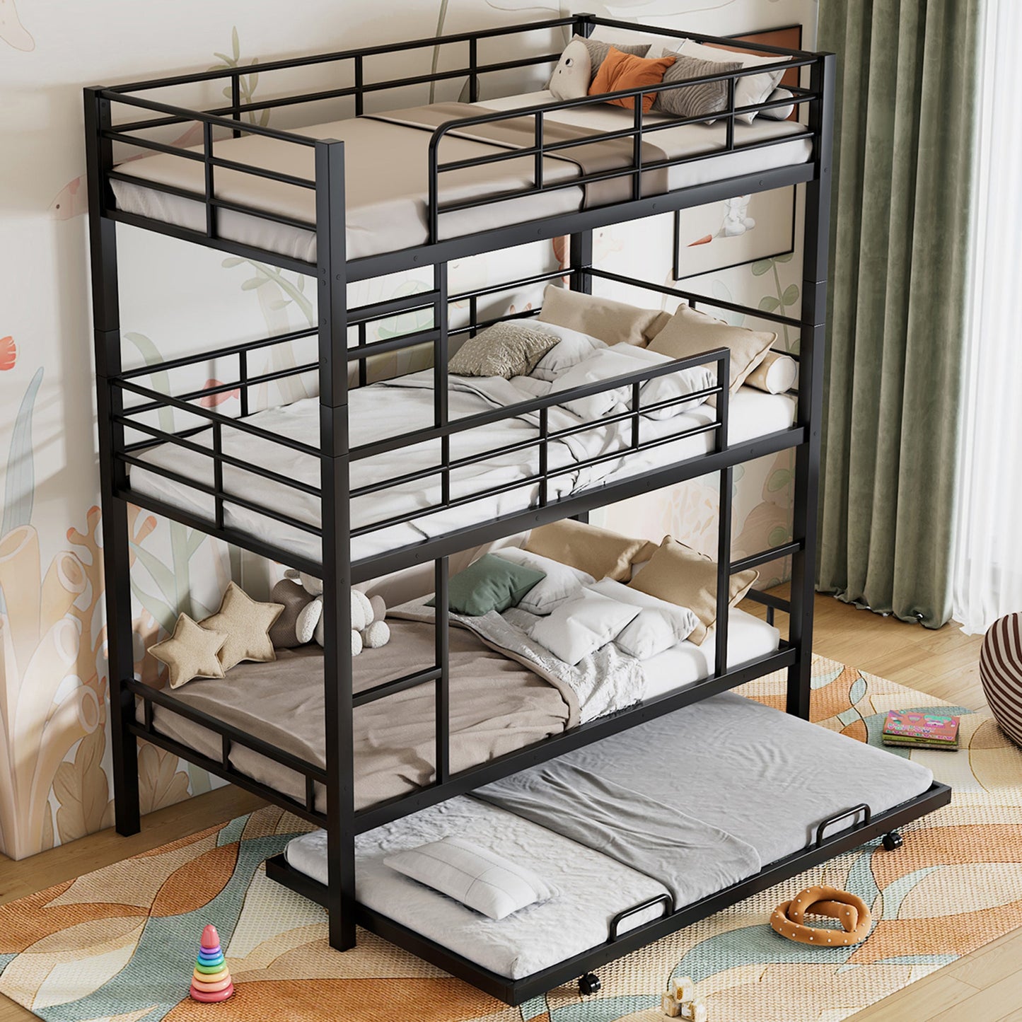 Metal Twin Size Triple Bunk Bed With Trundle