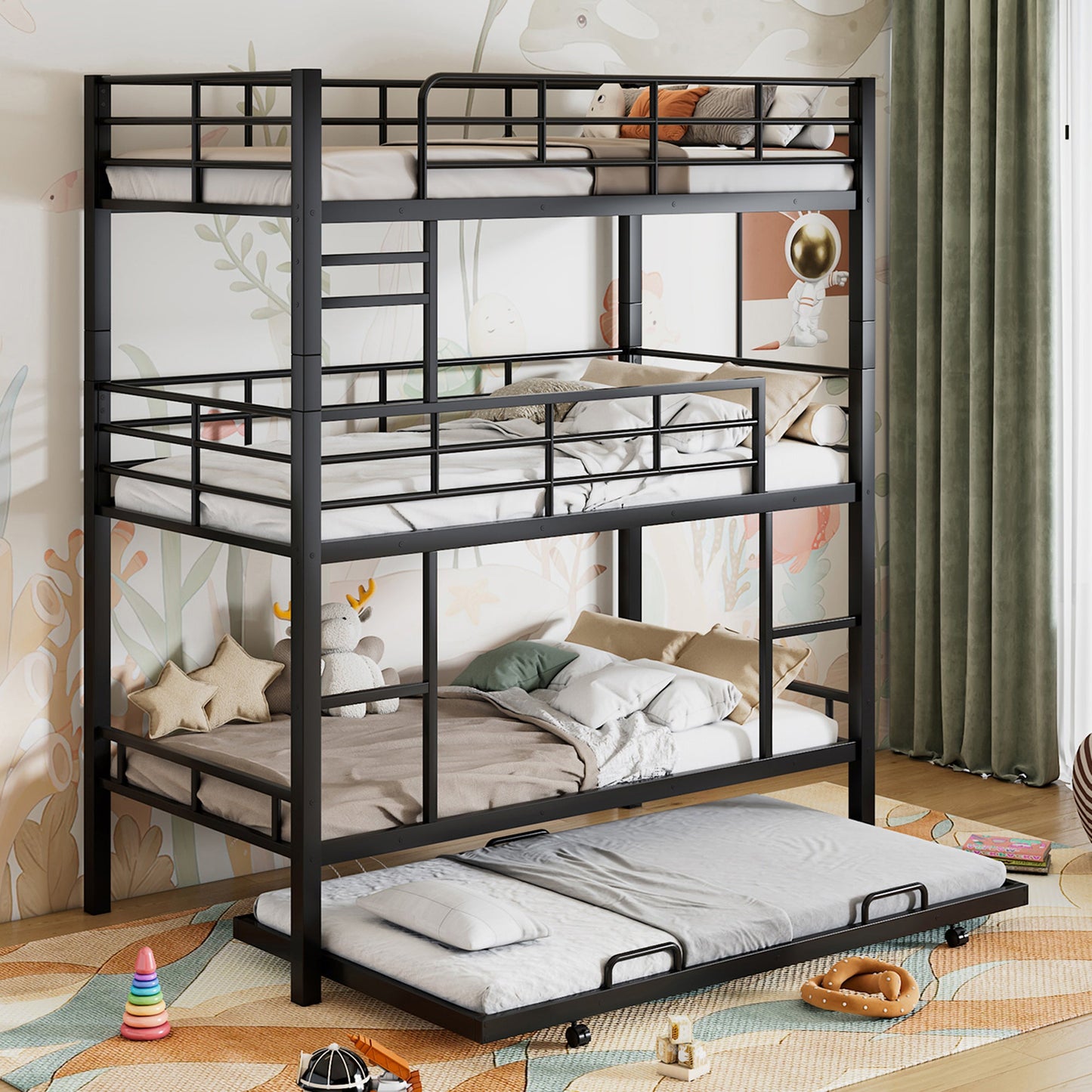 Metal Twin Size Triple Bunk Bed With Trundle