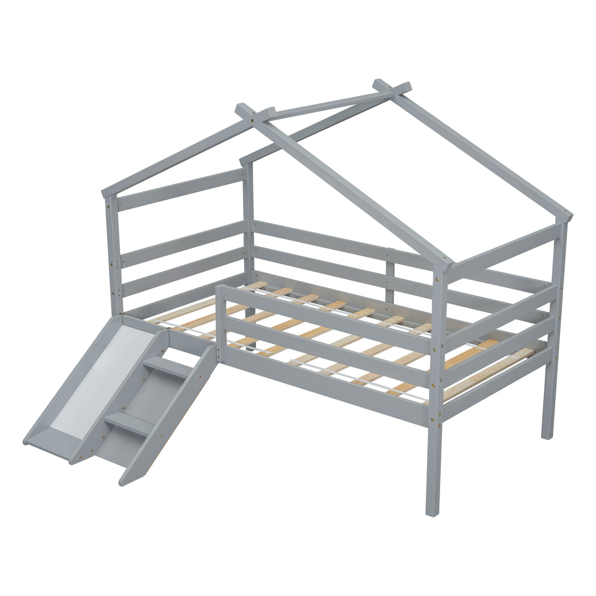 Twin Low Loft House Bed with Slide, Ladder, Safety Guardrails, House Roof Frame