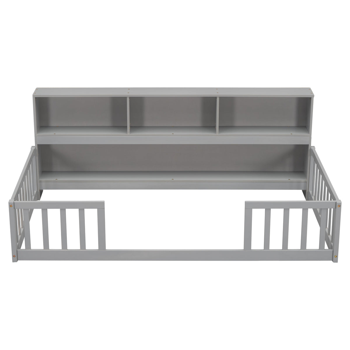 Twin Floor Bed with Bedside Bookcase, Shelves, Guardrails