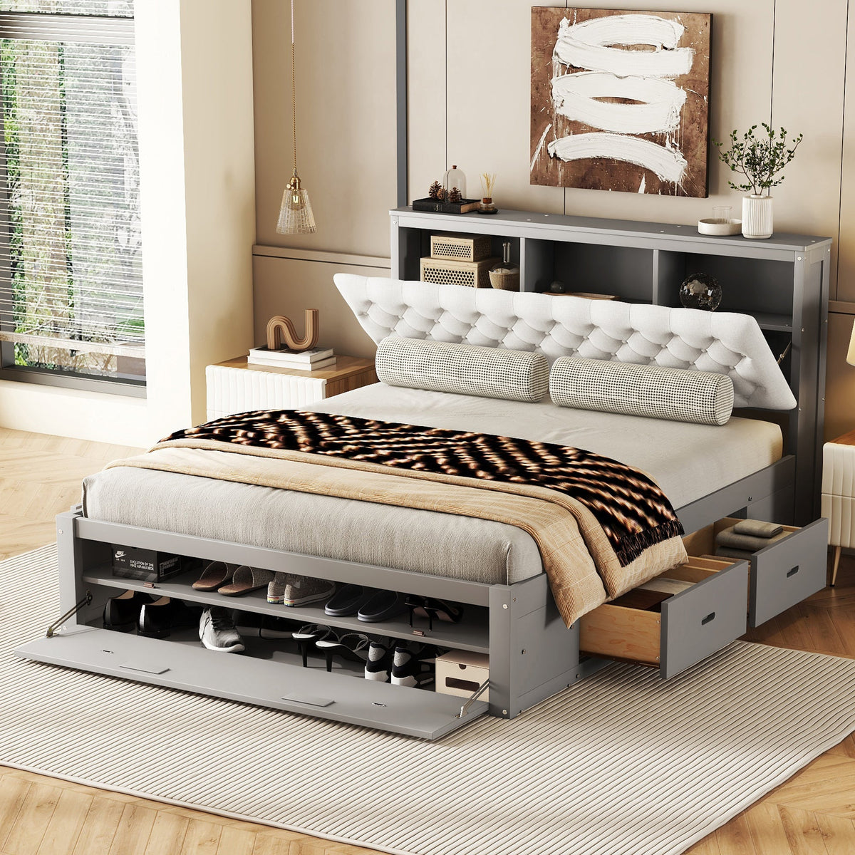 Wood Queen Size Platform Bed with Storage Headboard