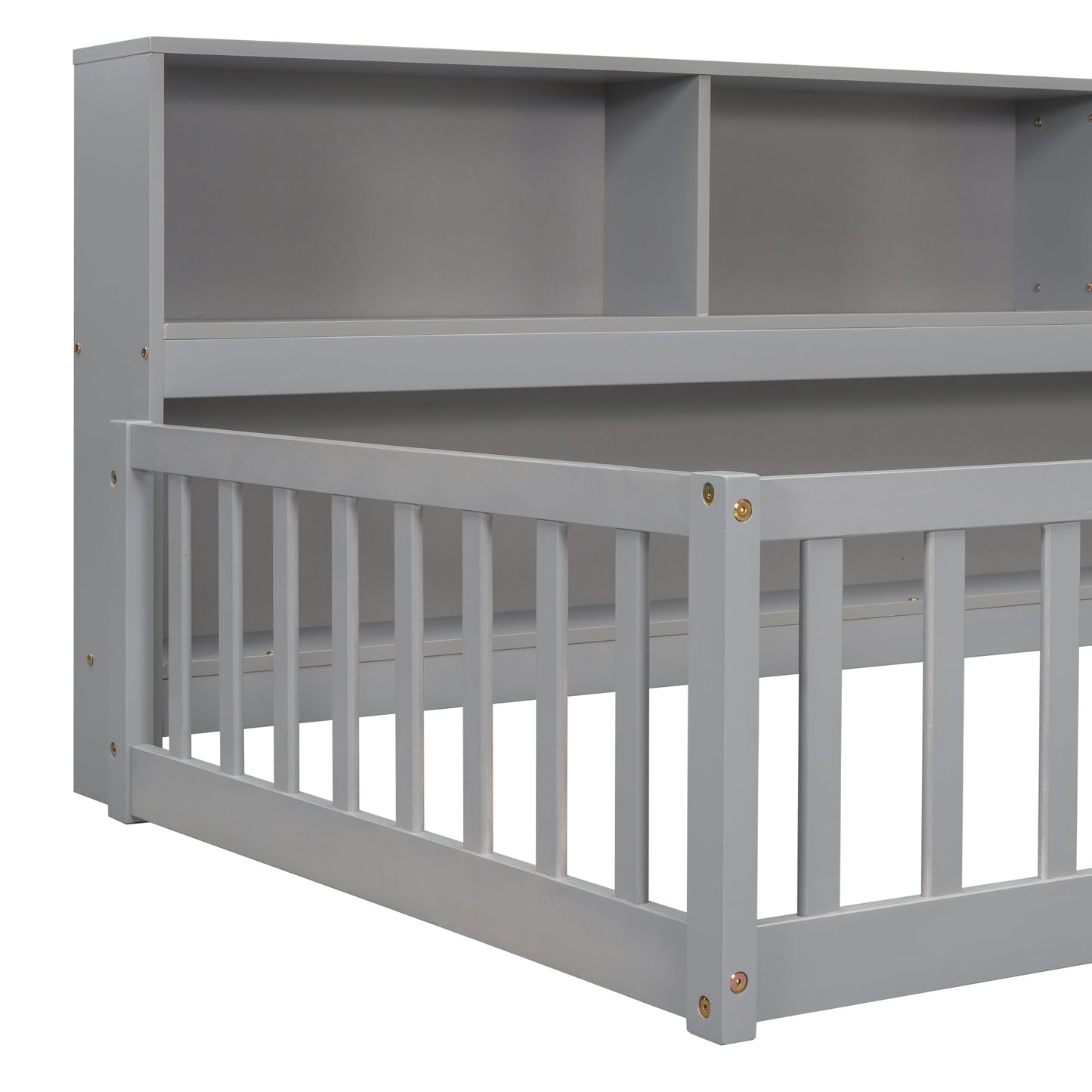 Twin Floor Bed with Bedside Bookcase, Shelves, Guardrails