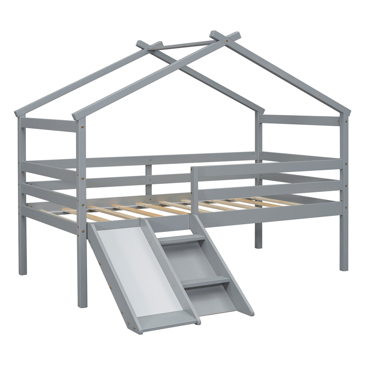 Twin Low Loft House Bed with Slide, Ladder, Safety Guardrails, House Roof Frame