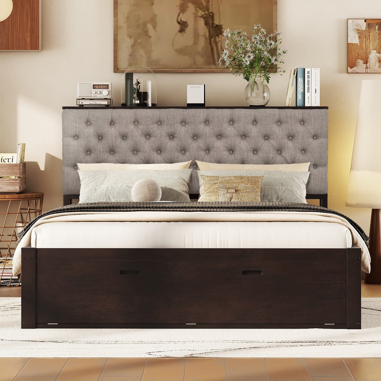 Wood Queen Size Platform Bed with Storage Headboard