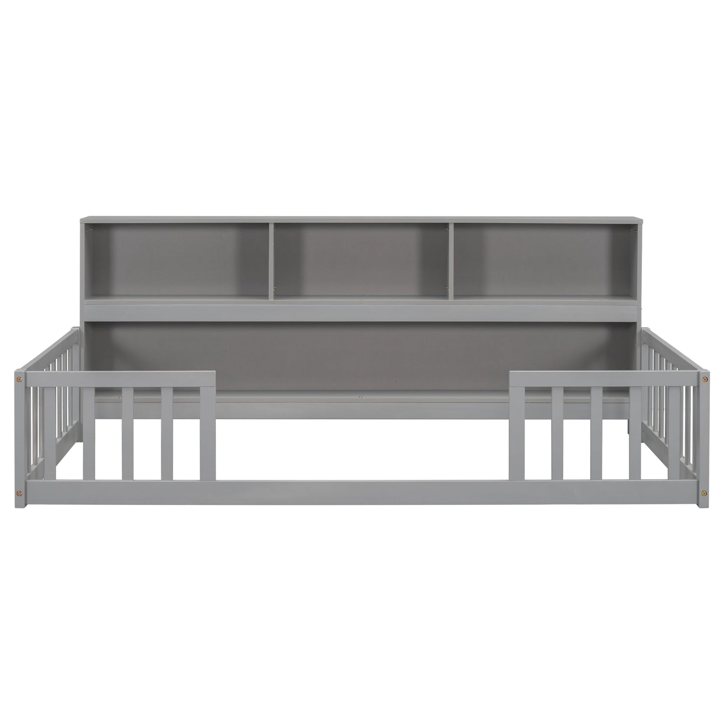 Twin Floor Bed with Bedside Bookcase, Shelves, Guardrails