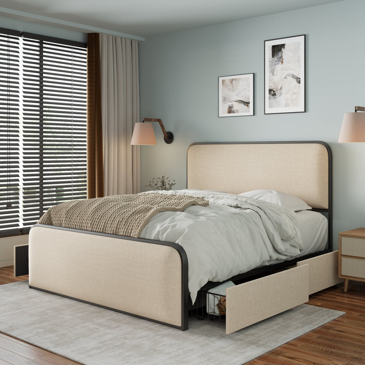 Modern Metal Bed Frame with Curved Upholstered Headboard