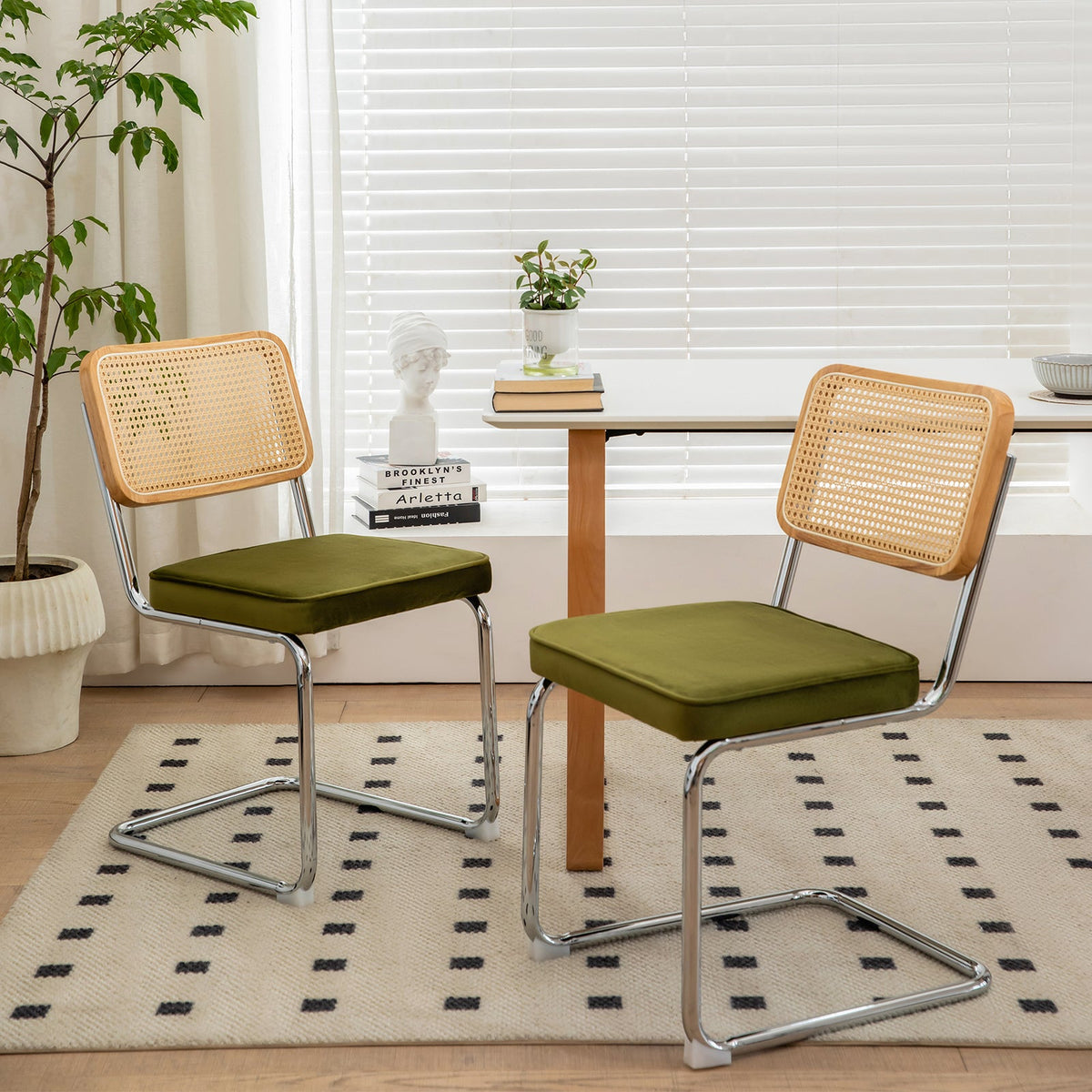 Dining Chairs Set of 2, Velvet Rattan Side Accent Chairs