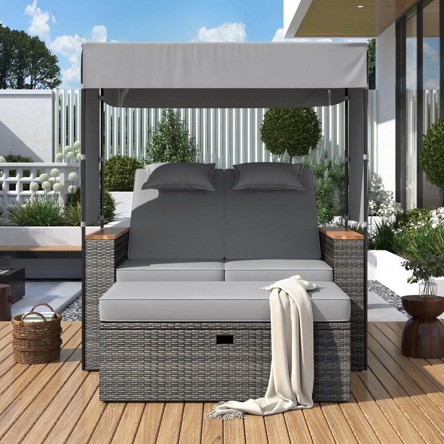 2-Piece Outdoor Rattan Daybed with Bench Lounge Roof Set and Cushions for Poolside, Backyard and Garden