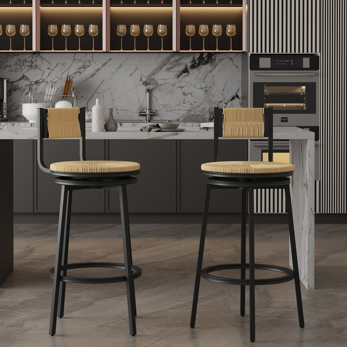 Honey Swivel Bar Stools with Paper Rope - Set of 2