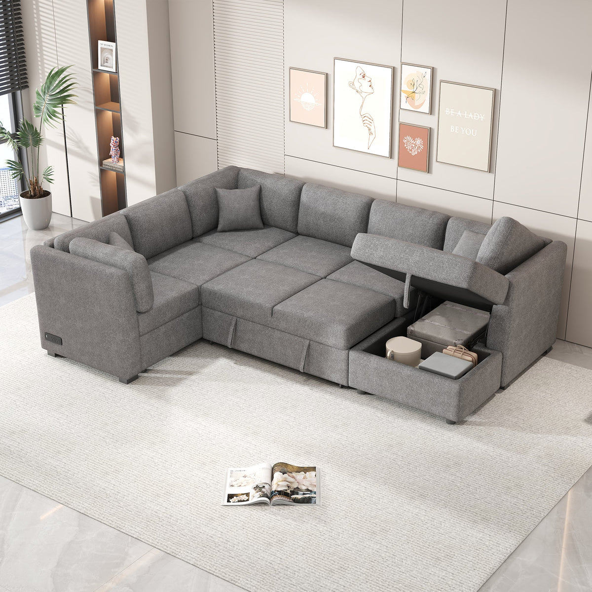 108.6" U-Shaped Sectional Sofa Pull-Out Bed with USB Ports