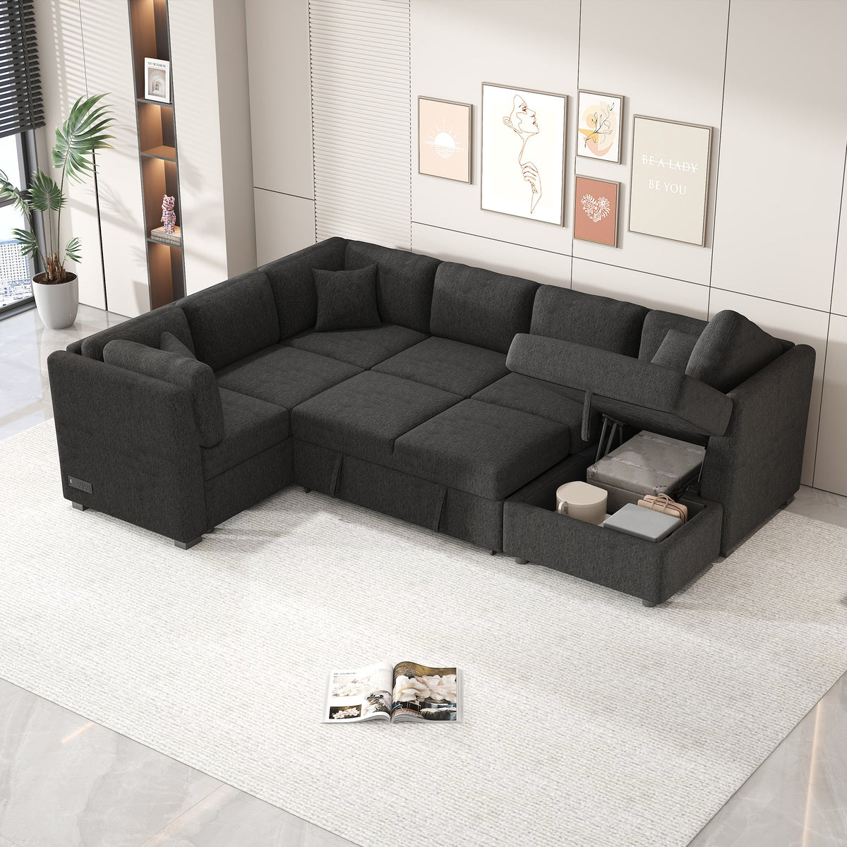 108.6" U-Shaped Sectional Sofa Pull-Out Bed with USB Ports
