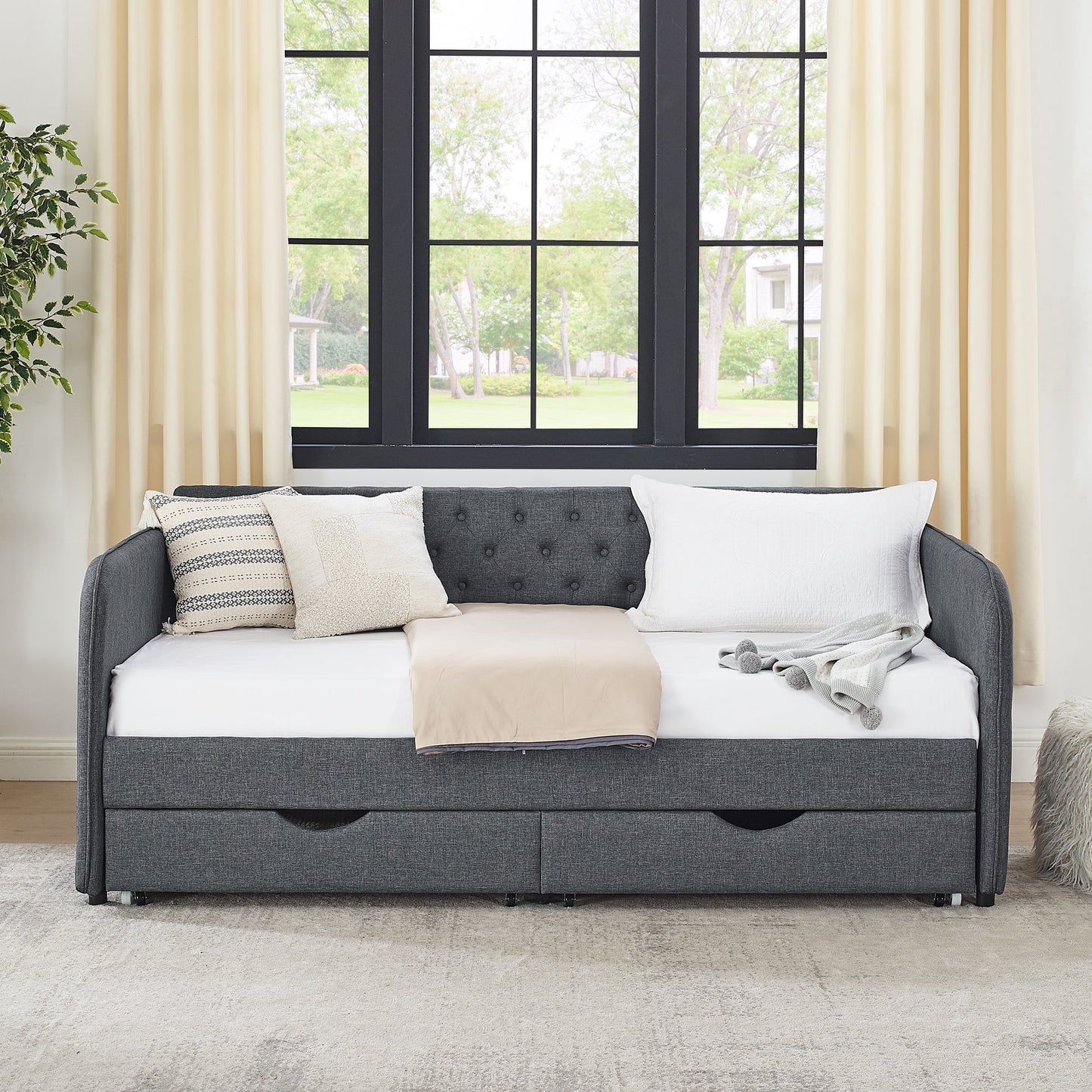 Twin Size Upholstery Daybed with Trundle Bed and Storage Drawers