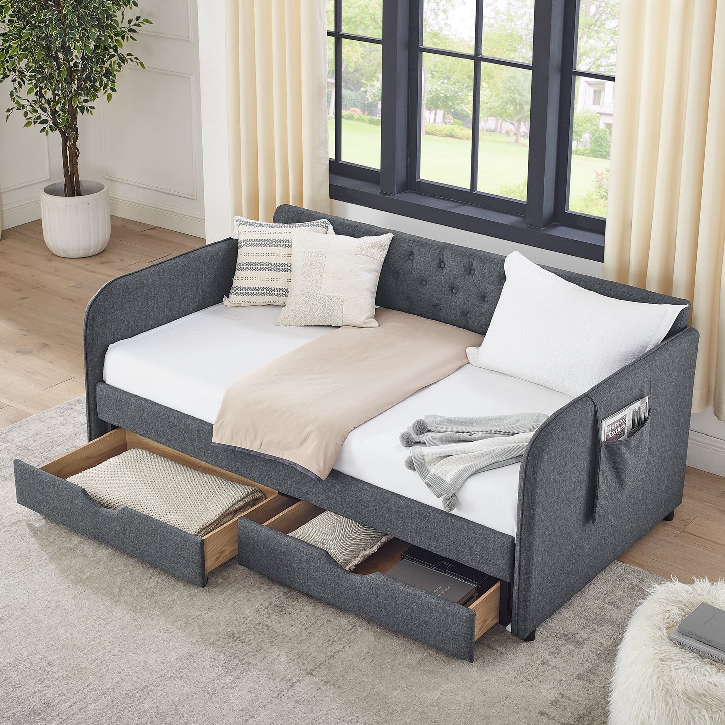 Twin Size Upholstery Daybed with Trundle Bed and Storage Drawers