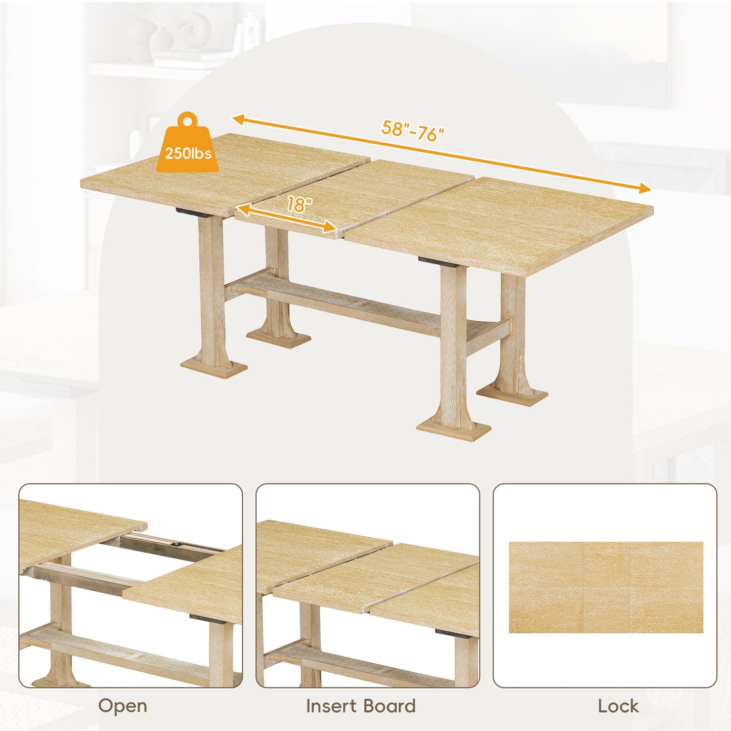 TOPMAX Farmhouse 76-Inch 6-Piece Extendable Dining Table Set