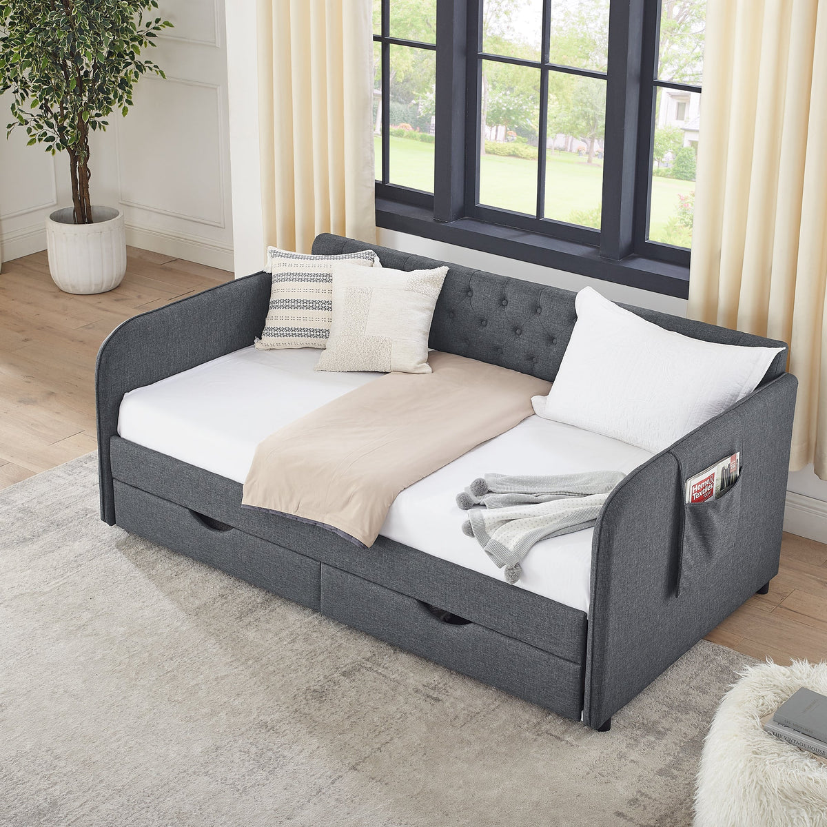 Twin Size Upholstery Daybed with Trundle Bed and Storage Drawers
