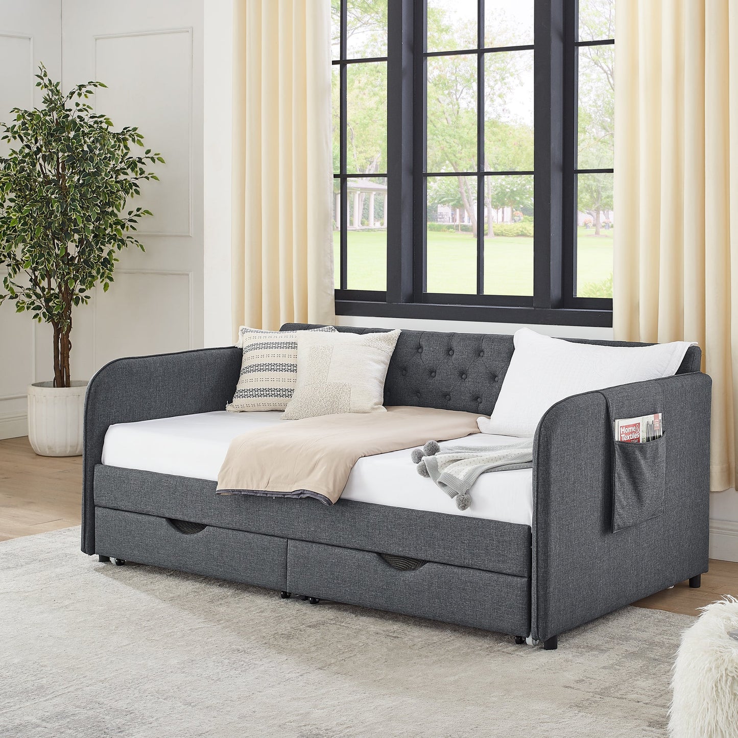 Twin Size Upholstery Daybed with Trundle Bed and Storage Drawers