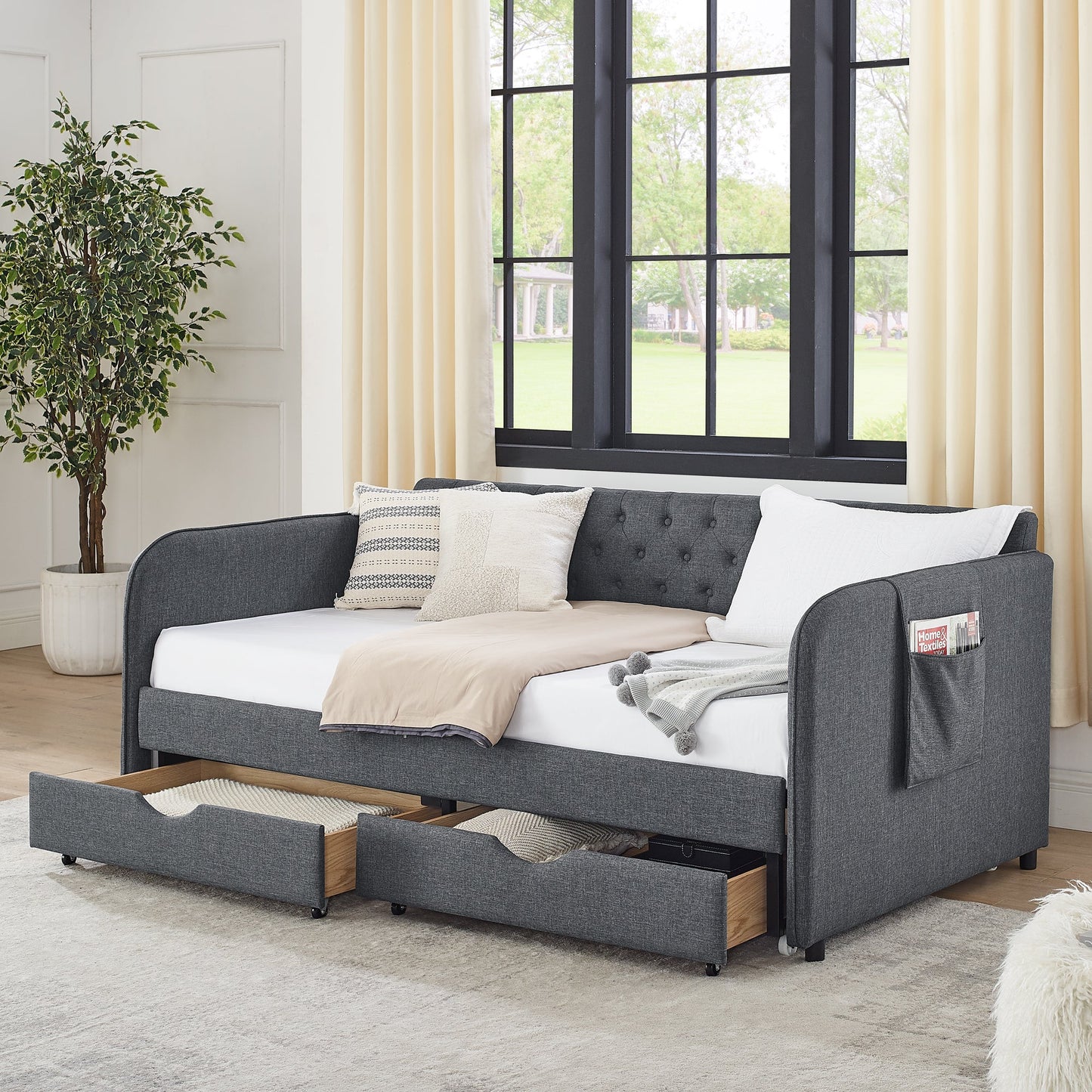 Twin Size Upholstery Daybed with Trundle Bed and Storage Drawers