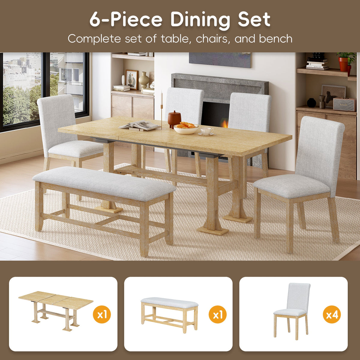 TOPMAX Farmhouse 76-Inch 6-Piece Extendable Dining Table Set