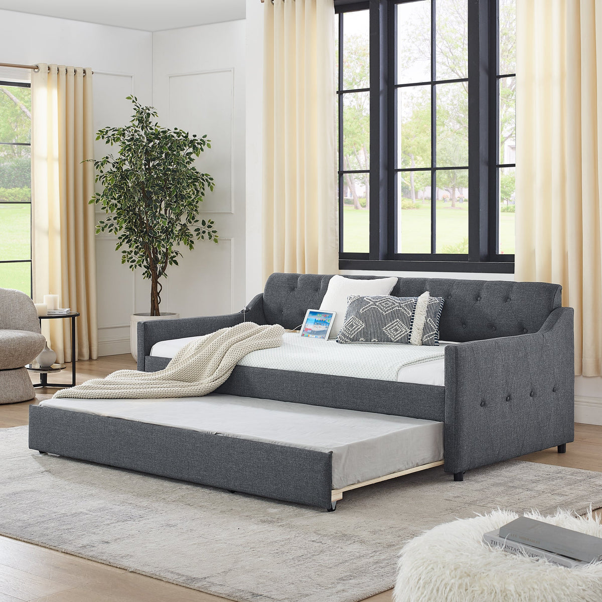 Twin Size Upholstery Daybed with Twin Size Erectable Trundle