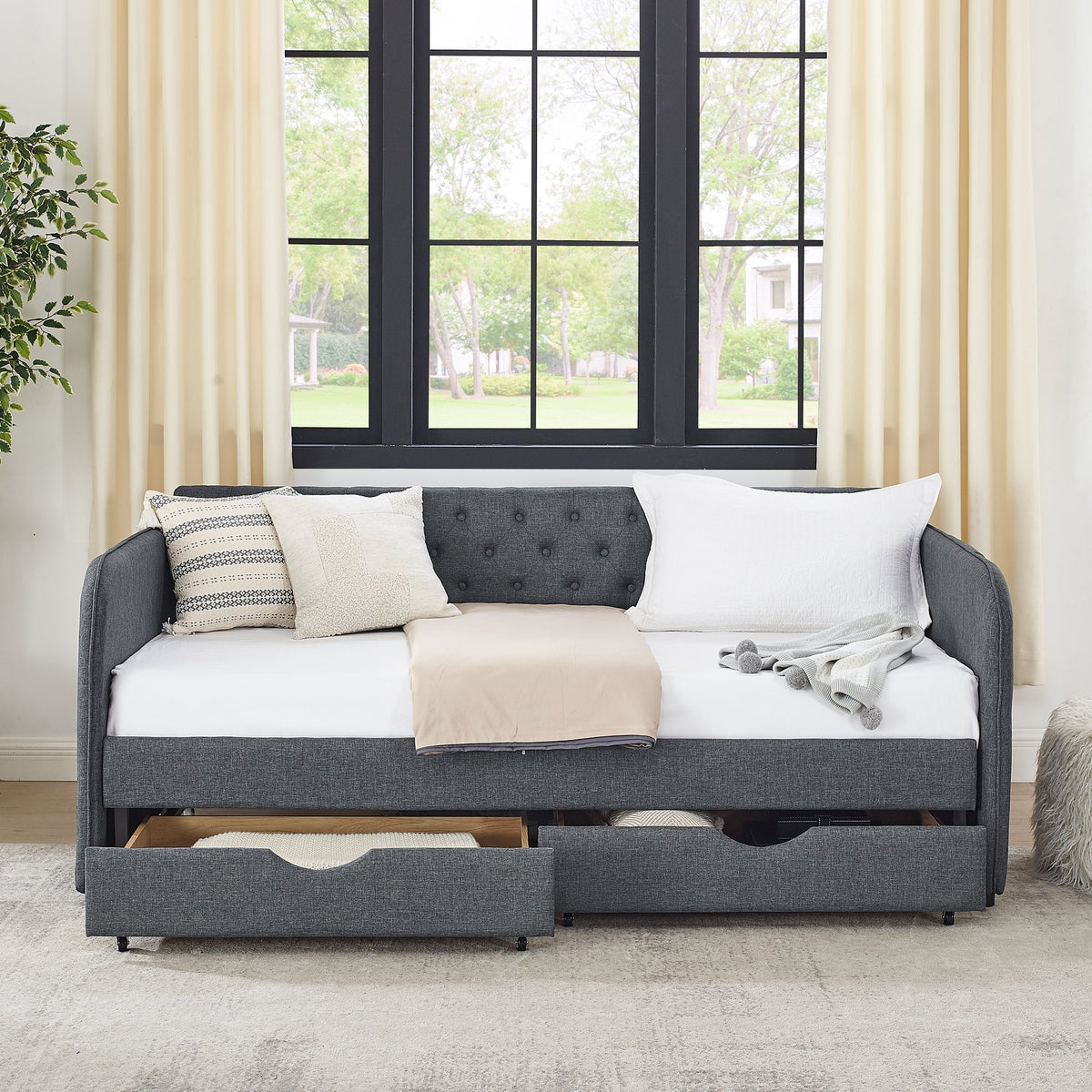 Twin Size Upholstery Daybed with Trundle Bed and Storage Drawers