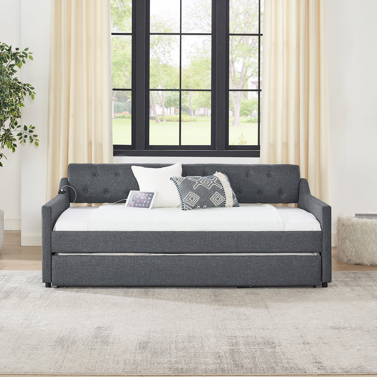 Twin Size Upholstery Daybed with Twin Size Erectable Trundle